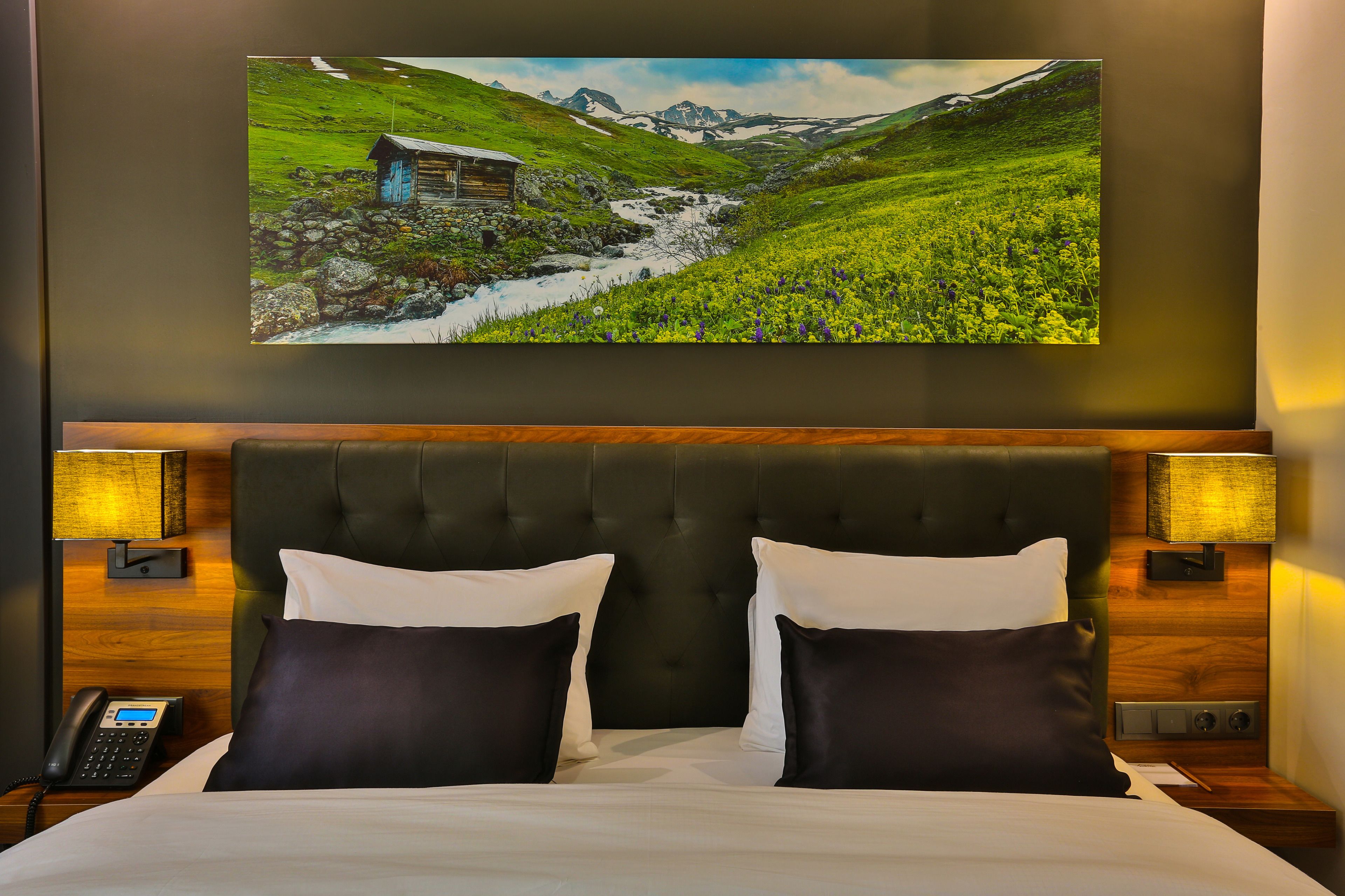 Une chambre d’hôtel avec un grand lit, deux lampes de chevet, une tête de lit en bois et un tableau représentant un paysage montagneux accroché au mur.