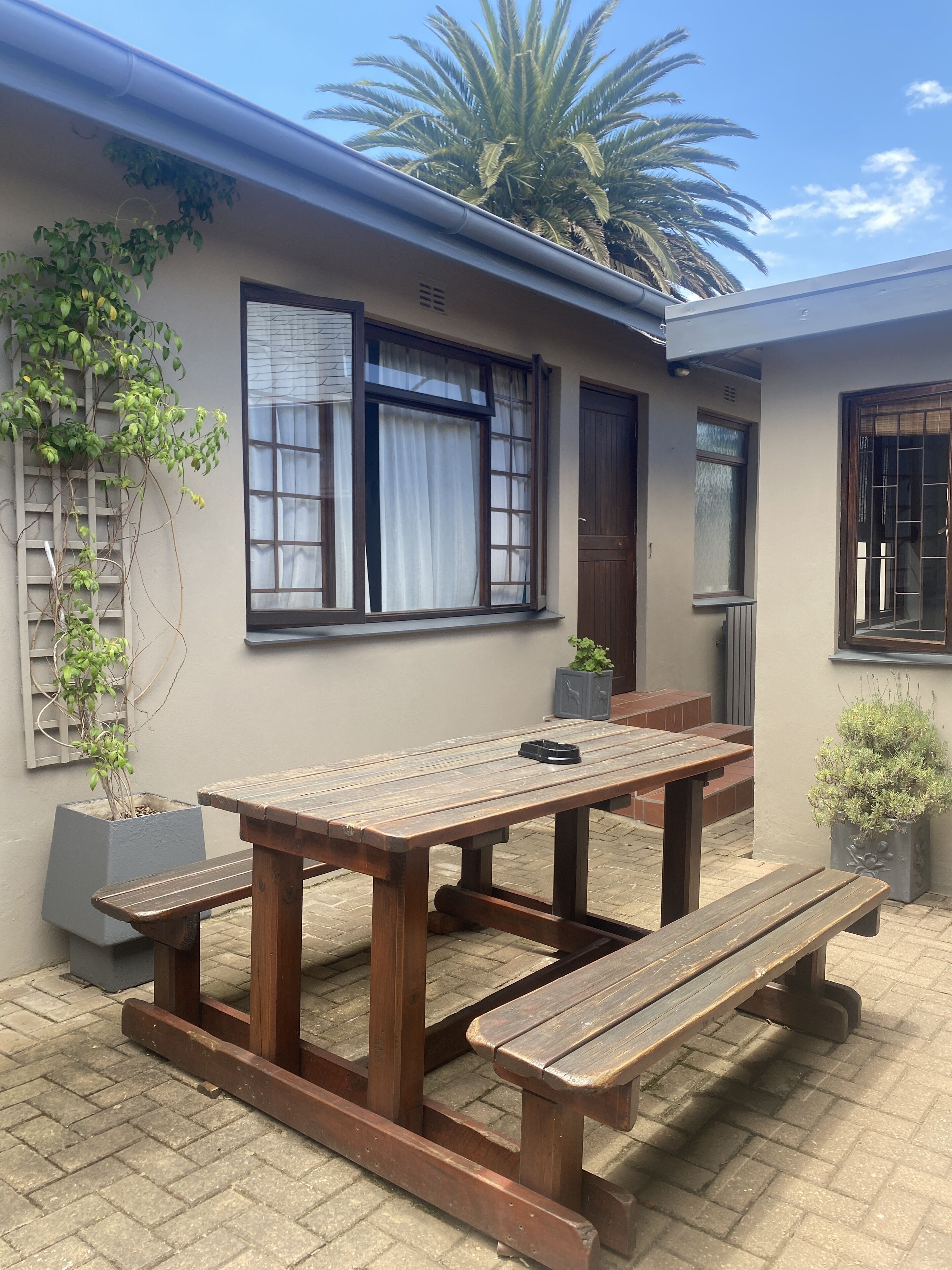 Un patio con mesa y bancos de madera, rodeado de plantas en macetas y una palmera.