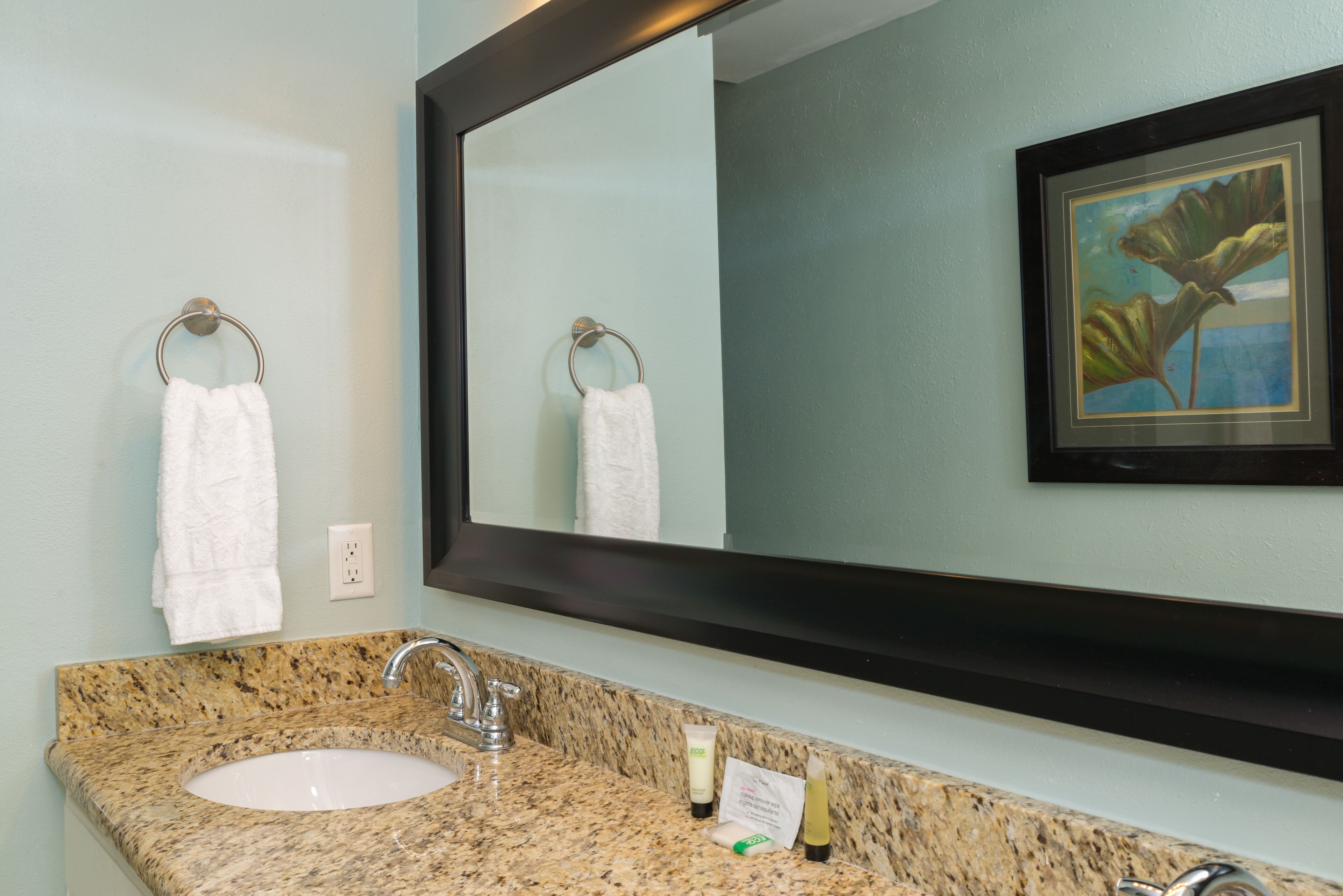 A bathroom with a granite countertop sink, a mirror, and a framed picture on the wall.