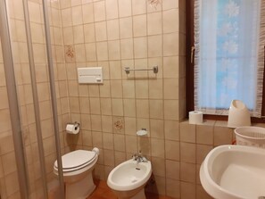 Shower, bidet, towels, toilet paper