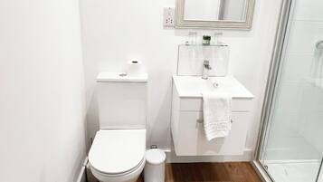 A bathroom with a toilet, sink, mirror, and shower.