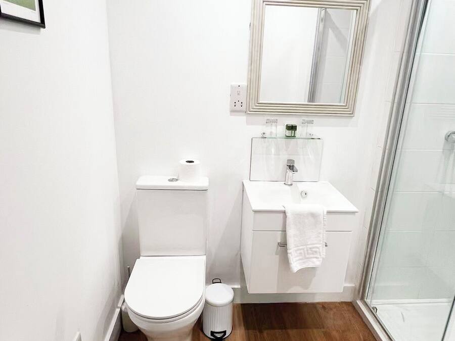A bathroom with a toilet, sink, mirror, and shower.