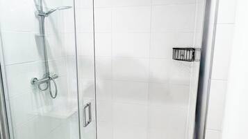 A glass-enclosed shower stall with a handheld showerhead, a handheld shower attachment, and a wall-mounted control panel.