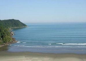 A coastal landscape with a beach, a forested hill, and calm sea.