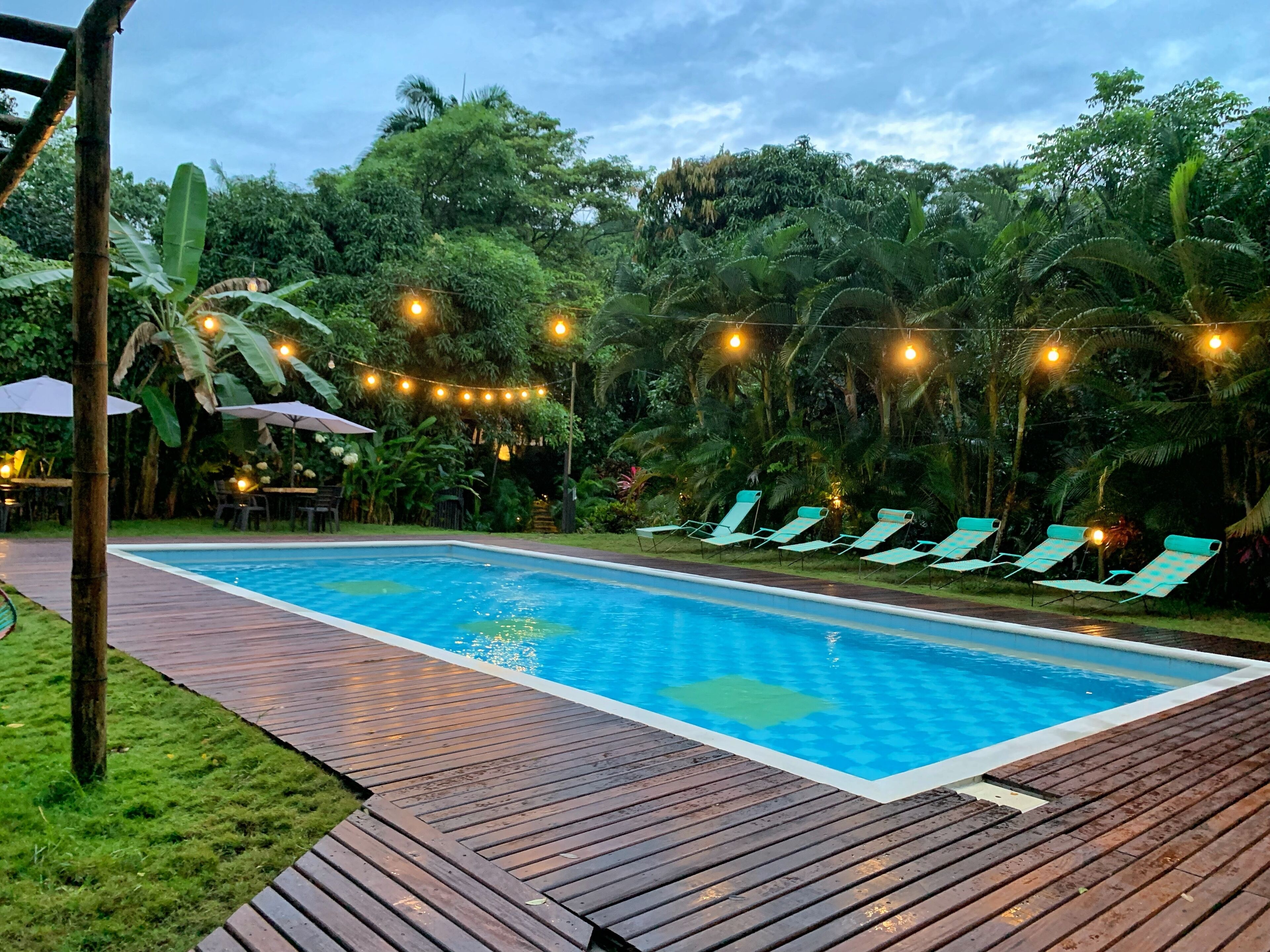 A rectangular swimming pool with a wooden deck surrounding it, lined with green lounge chairs.