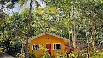 Um pequeno edifício amarelo com porta e janelas vermelhas, rodeado por vegetação exuberante e árvores.