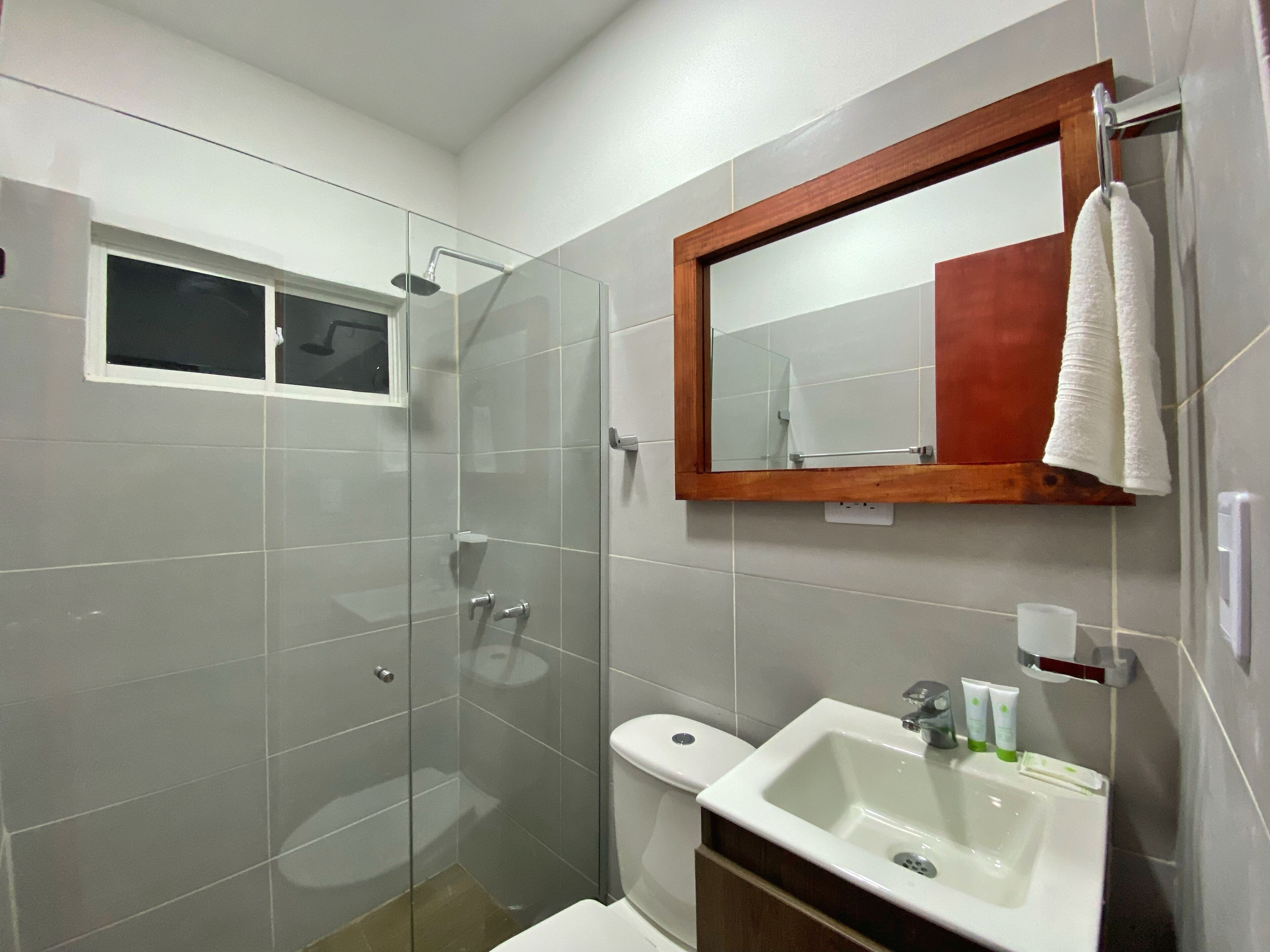 A bathroom with a glass shower enclosure, a toilet, and a sink with toiletries.