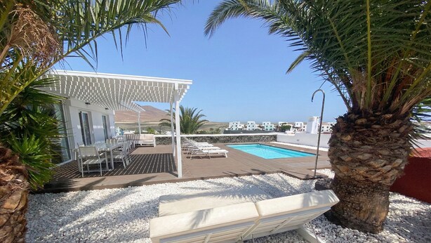 Un área de piscina con una pérgola, sillones de descanso y una palmera.