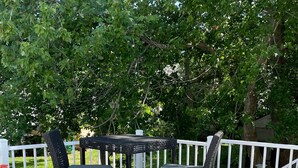 A deck with a table and chairs, surrounded by a white railing, and a patterned rug on the floor. - Cottage On Famous Chincoteague Island-Famous Wild Ponies (Chincoteague Island)