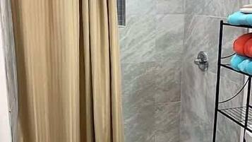 Shower, towels, soap, toilet paper