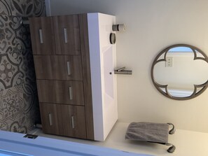 Hair dryer, towels, soap, shampoo