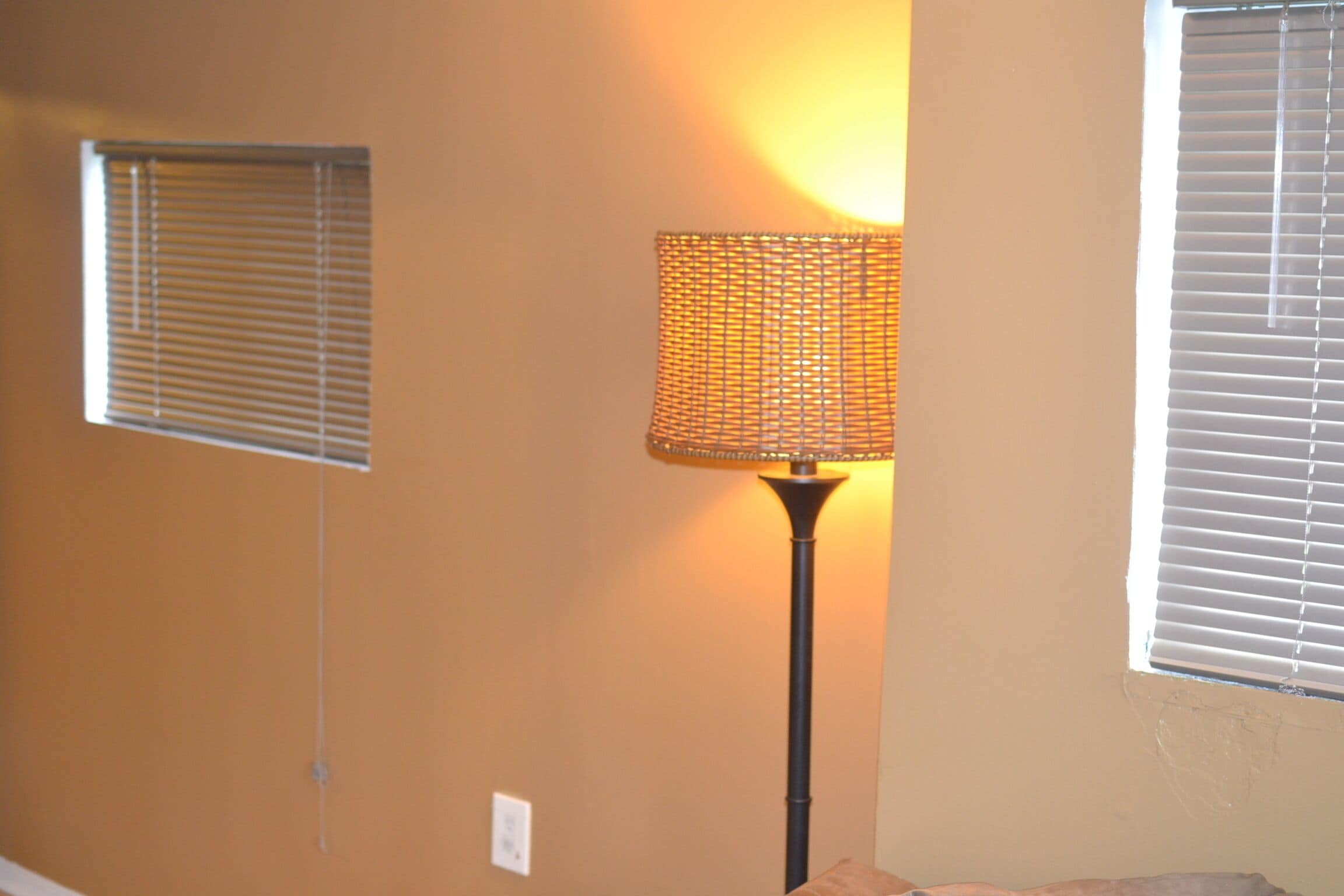 A room with a tall floor lamp, two windows with blinds, and a wall socket.