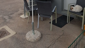An outdoor seating area with a table and chairs, a blue umbrella, and a potted plant. - chez moumie (La Grande-Béroche)