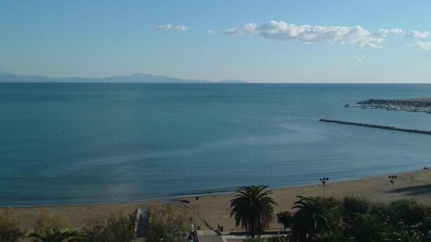 A coastal view with a clear sky, calm sea, and a sandy beach with palm trees. - B&B In Centro 33 Home (Salerno)
