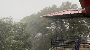 A balcony with a patterned floor, a metal railing, and a red roof. - 2BHK Apartment (Siddharthanagar)