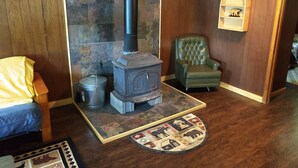 Una habitación acogedora con una estufa de leña, un sillón verde y una pared de piedra.