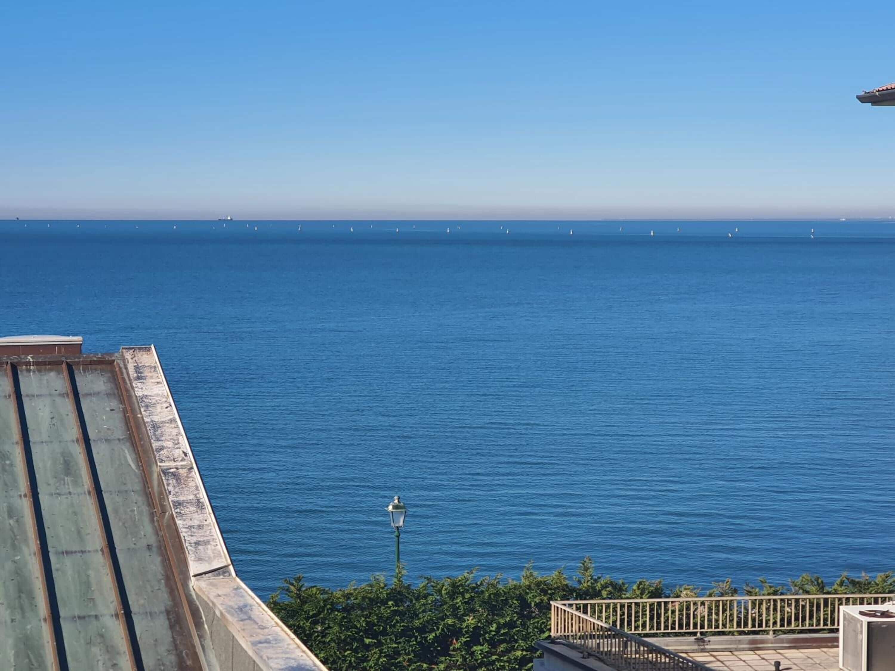 A coastal view with a clear sky, a calm sea, and a distant ship.