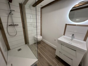 Combined shower/bathtub, hair dryer, towels, soap