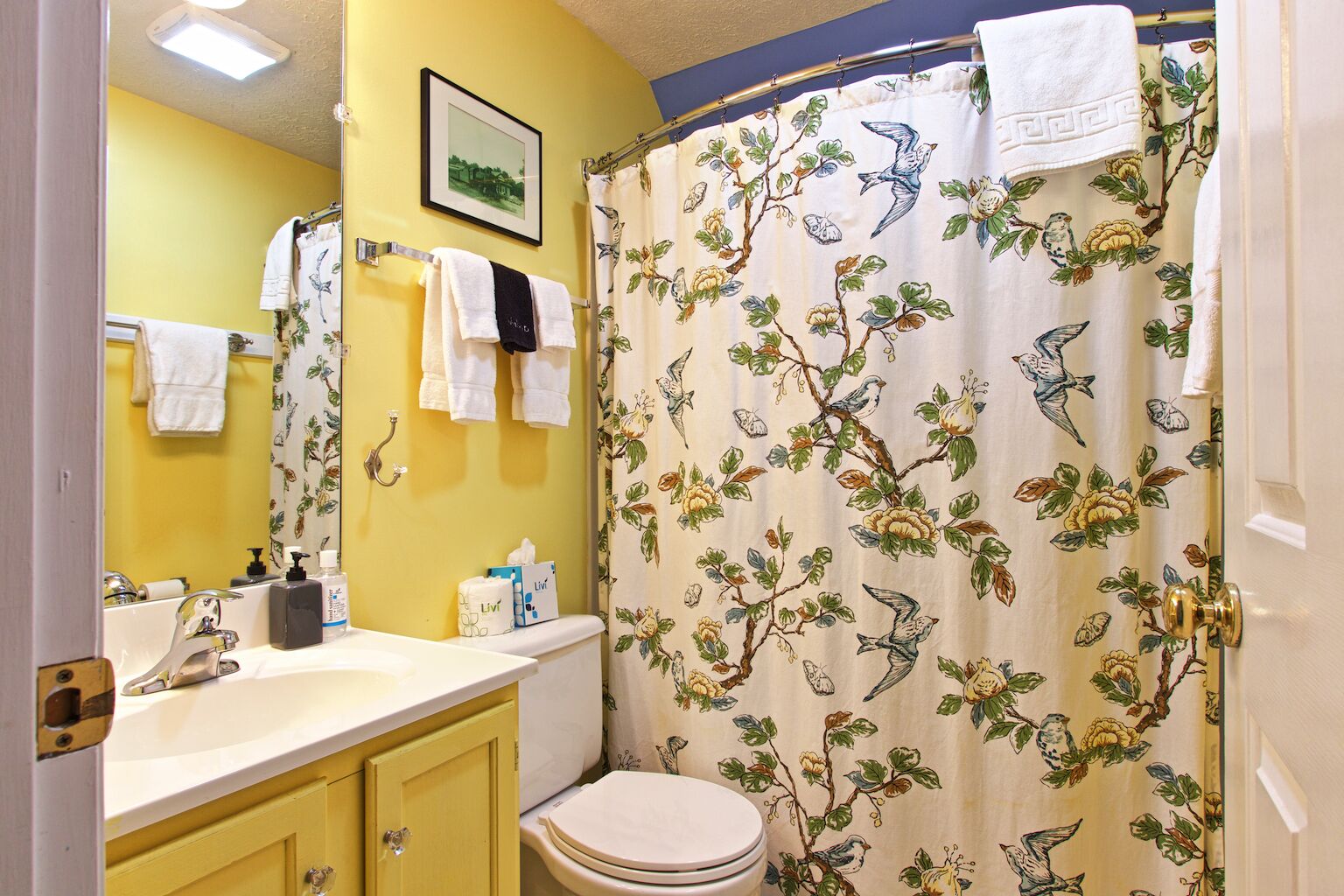 A bathroom with yellow walls, a white sink, and a shower curtain with a bird and flower pattern.