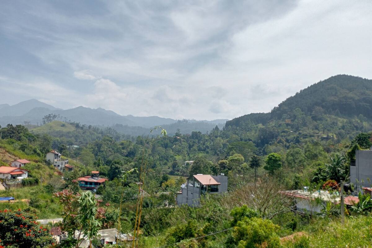 A rural landscape with houses, greenery, and mountains in the background.