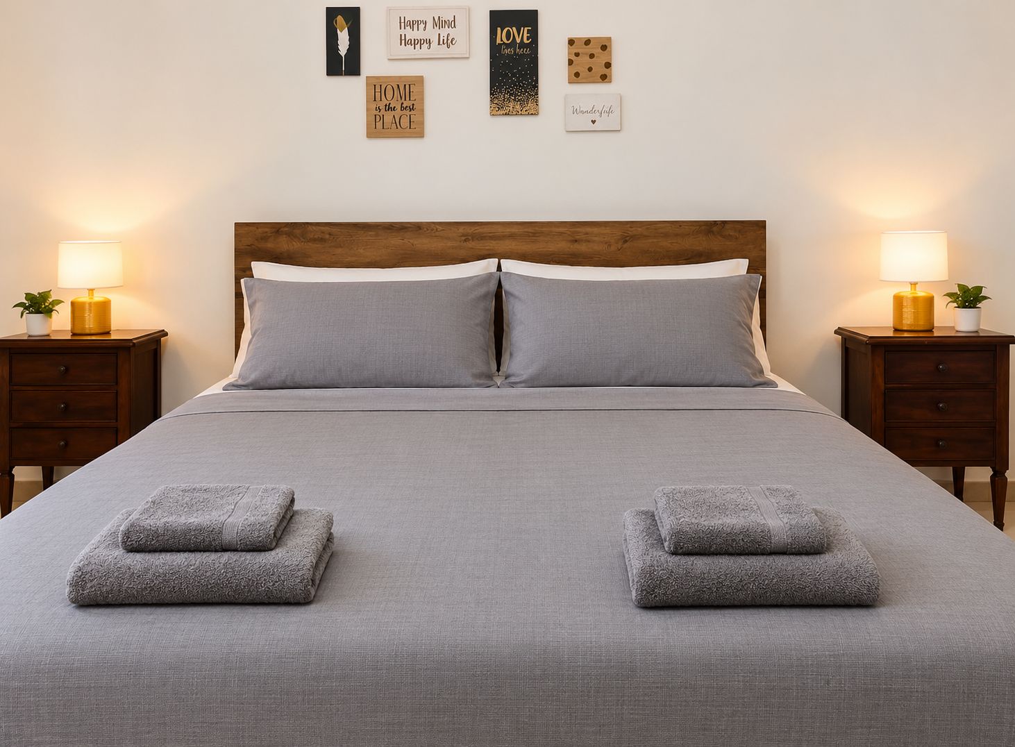 A neatly made bed with two pillows and two folded towels, flanked by two bedside tables with lamps and a small plant.
