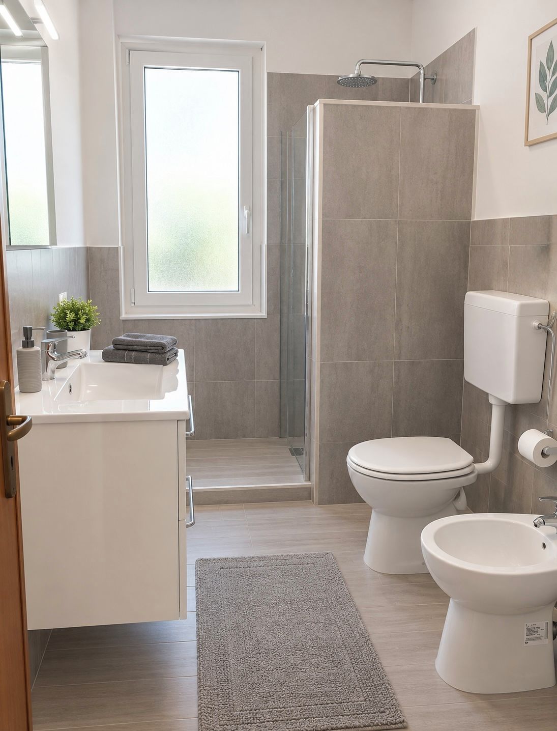 Une salle de bain moderne équipée d’une douche, de toilettes, d’un bidet et d’un lavabo.