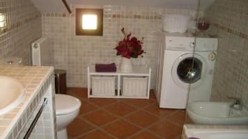 Hair dryer, bidet, towels, soap