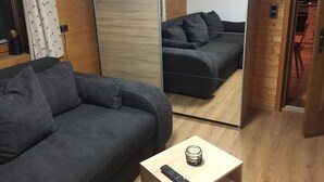 A modern room with a grey sofa, a small wooden table with a remote control, and a mirror reflecting a dark grey sofa. - Quaint apartment in farmhouse (Schröcken)