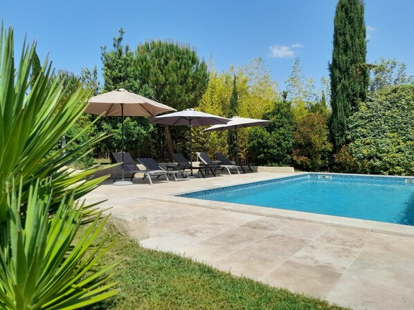 A swimming pool with lounge chairs and umbrellas, surrounded by greenery and a tall tree. - Provence house near a Luberon village (Ansouis)