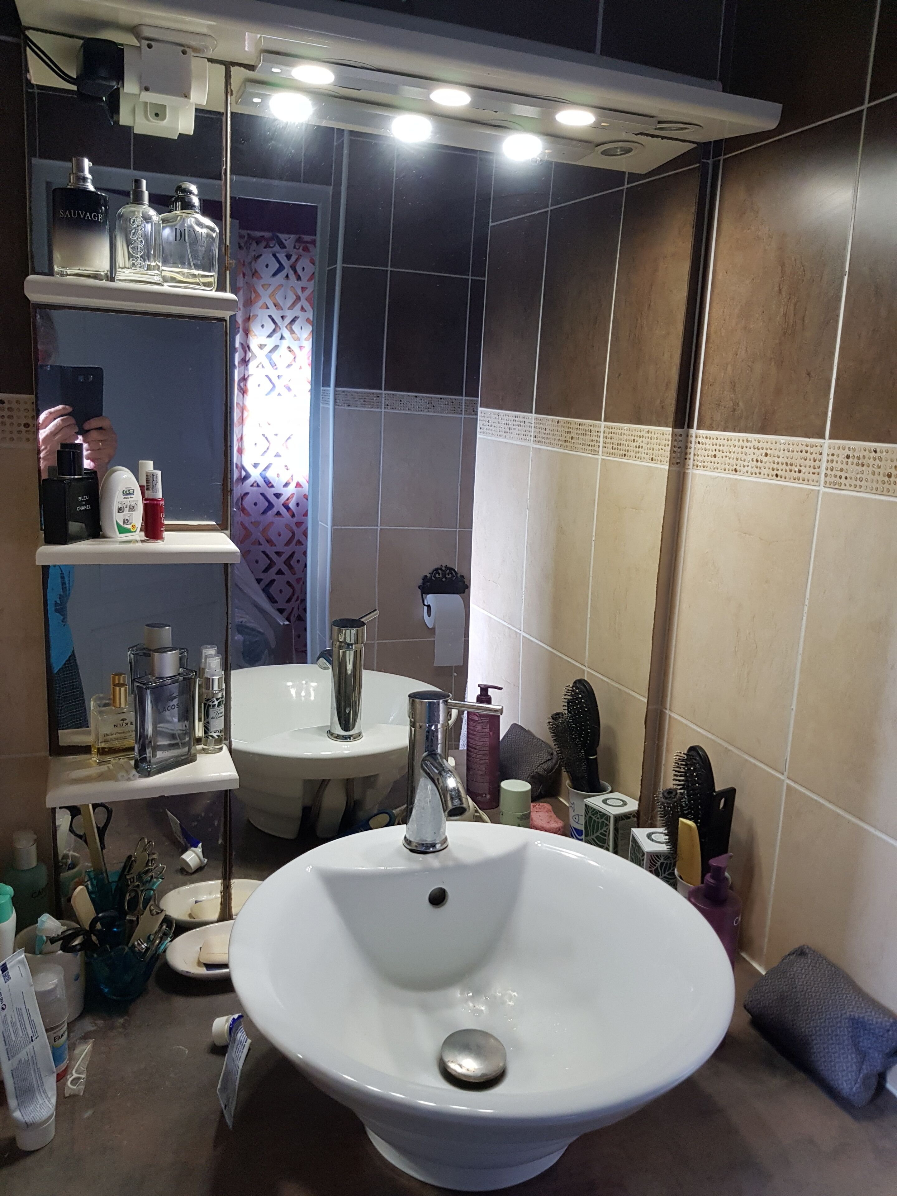 A bathroom with a large white sink, a mirror, and shelves with toiletries.