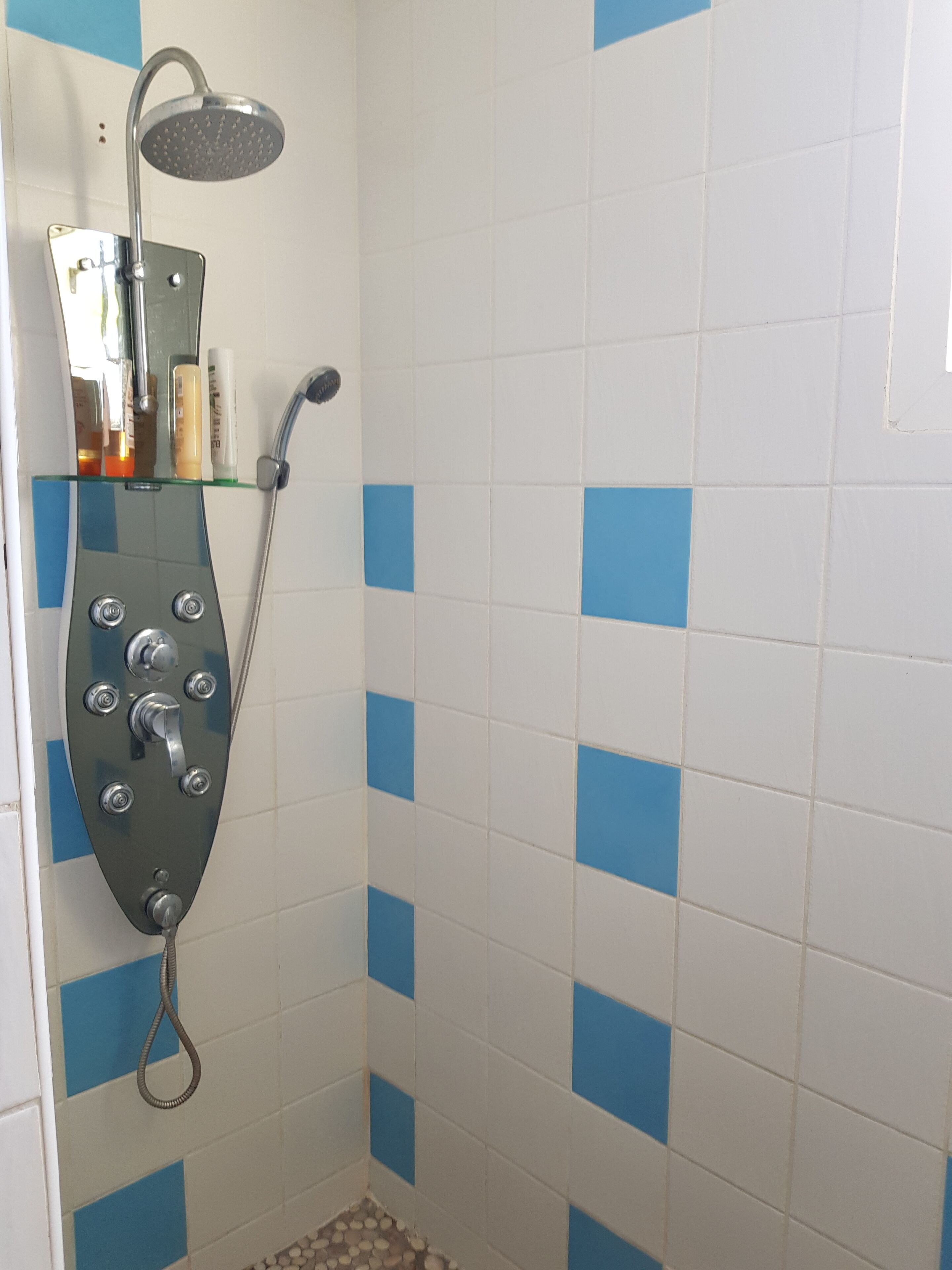 A shower with a handheld showerhead and a wall-mounted control panel.