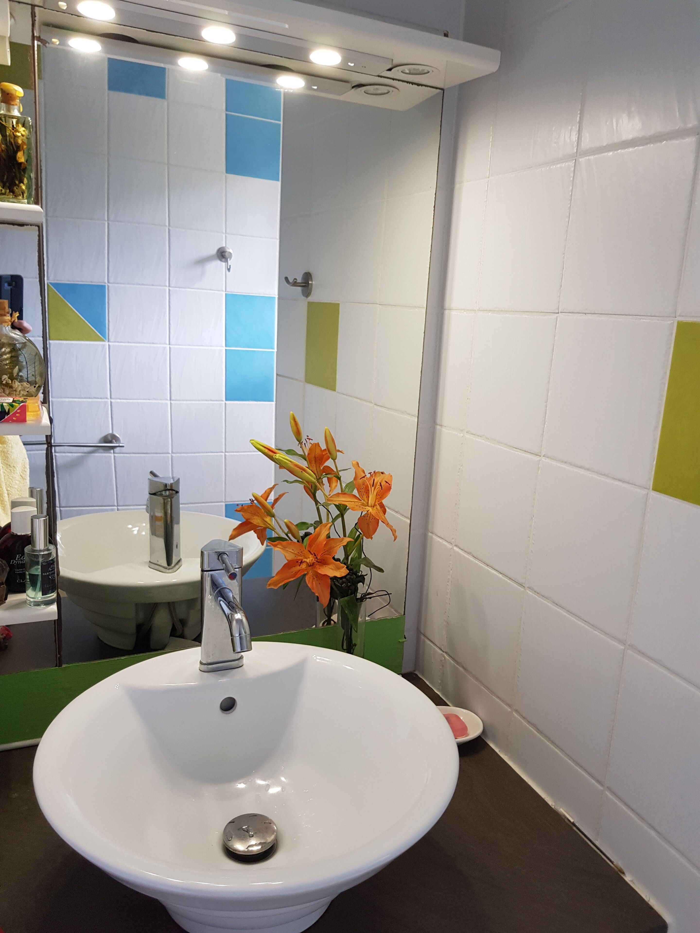 Une salle de bain avec un lavabo blanc, un miroir et un vase contenant des fleurs oranges.