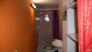 Un baño con inodoro, lavamanos y ducha.