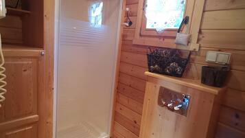 Shower, free toiletries, hair dryer, towels