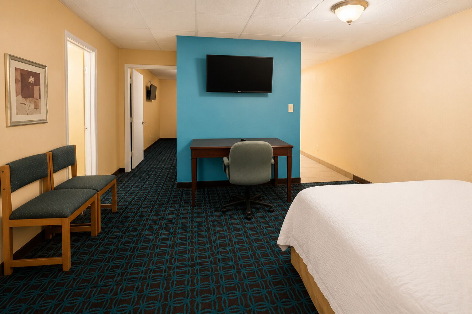 A hotel room with a bed, a desk, a chair, a television, and a patterned carpet.
