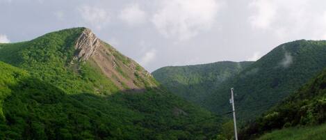 A rural road with a dirt path leading through a green valley, surrounded by hills and a small building with a sloped roof.