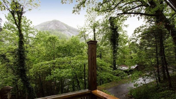 Une terrasse en bois avec une chaise verte, donnant sur une zone boisée et avec une montagne en arrière-plan.