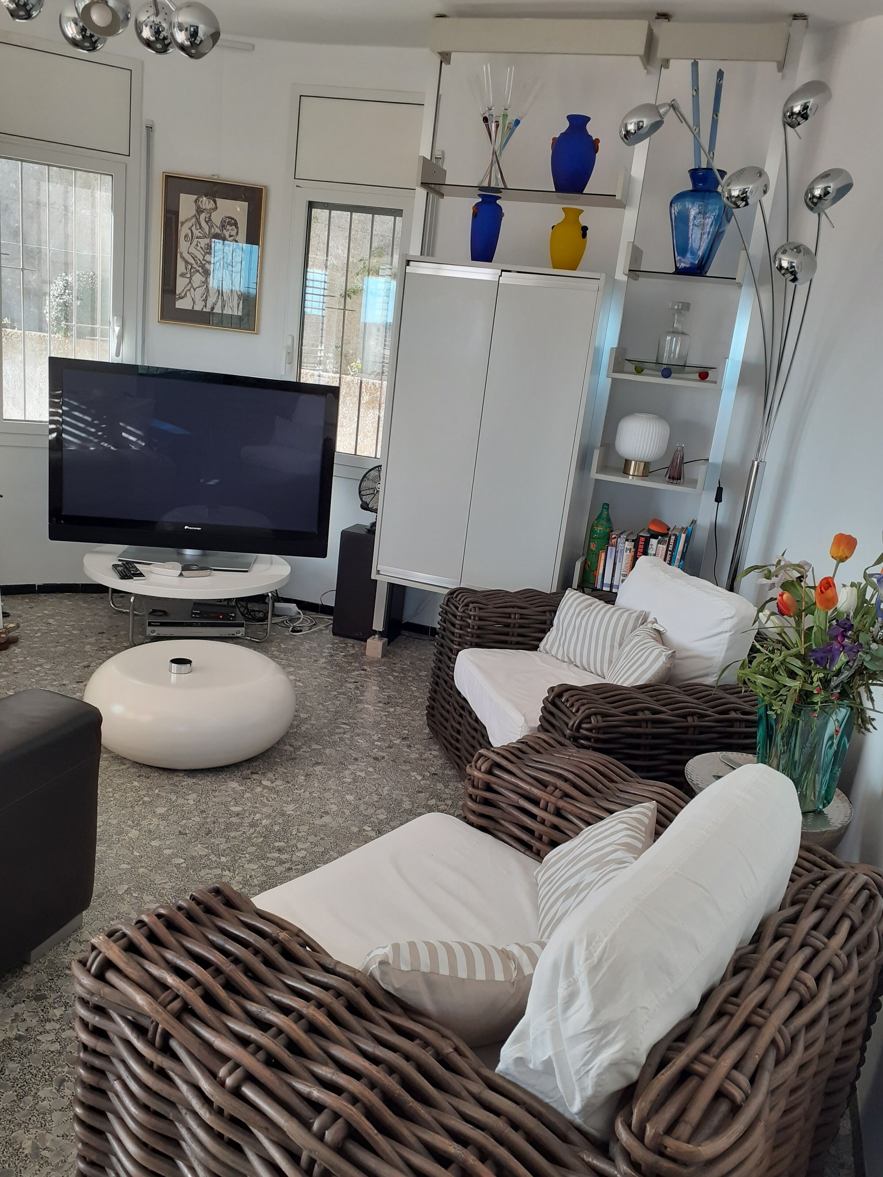 Een televisie, een open haard, een dvd-speler en boeken