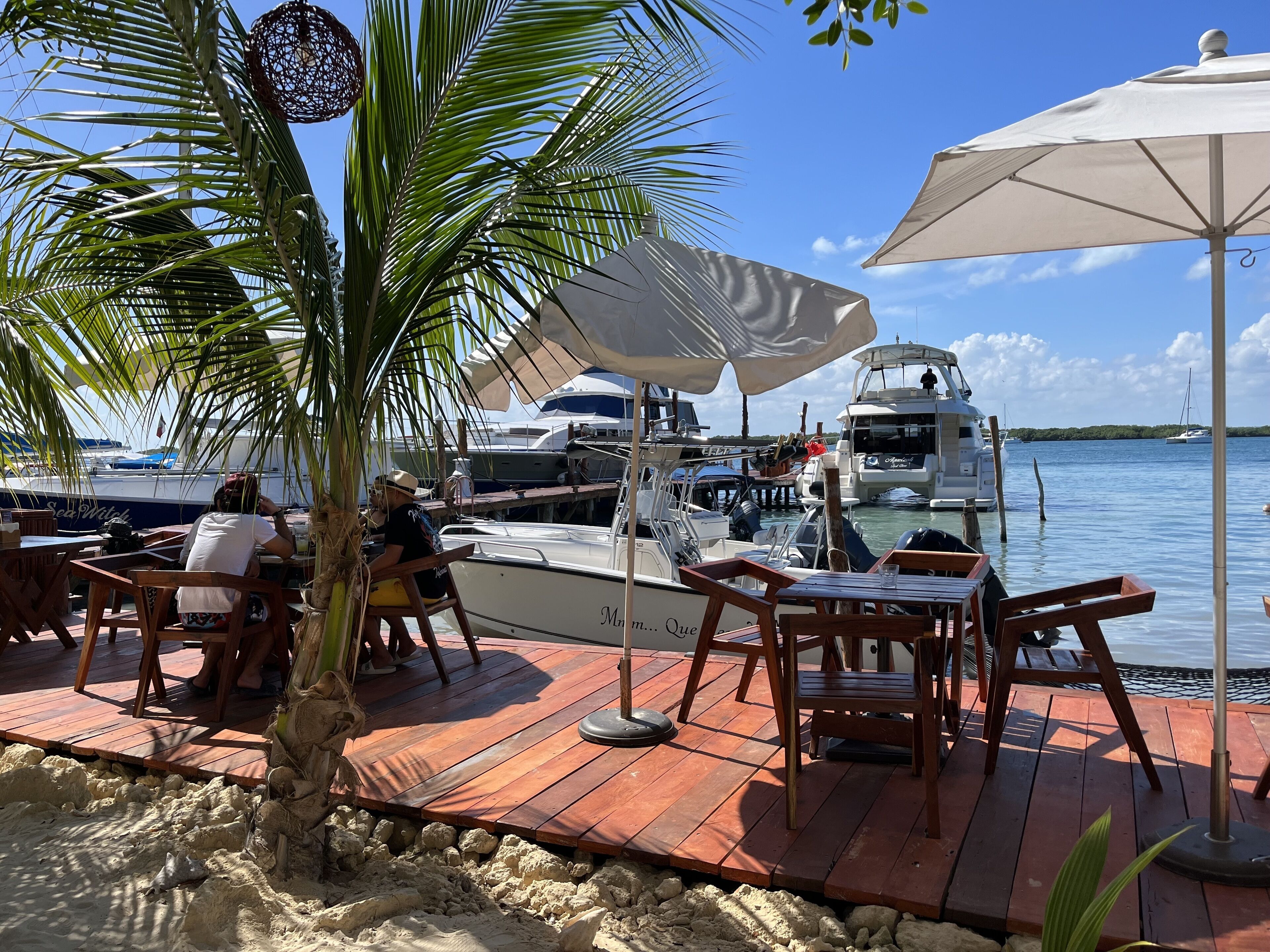 Una terraza de madera con mesas y sillas, una palmera y vista a barcos en el agua.
