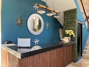 A reception desk with a mirror, a laptop, and decorative lizards.