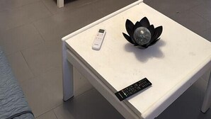 A living room with a flat-screen TV on a white stand, a small table with a remote and a decorative object, and a potted plant on the floor. - Holiday apartment with balcony (Šilo)