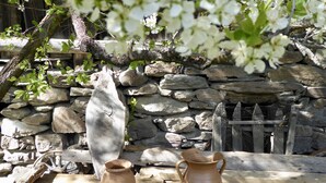 A rustic outdoor setting with a stone wall, wooden fence, and a wooden table with pottery.
