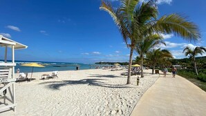 Une plage de sable blanc, bordée de palmiers, avec un poste de surveillance pour les sauveteurs.