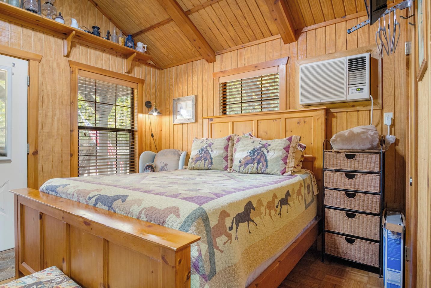 Golden woodwork and ample windows give the Cowboy Cabin a lustrous glow! Soft and clean linens are included for sleeping spaces, too.