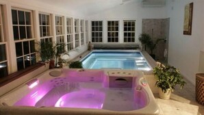 Un espace spa doté d’un jacuzzi et d’une piscine, le tout entouré de grandes fenêtres et agrémenté de plantes en pot.