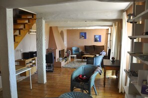 Télévision, cheminée, lecteur de DVD, chaîne hi-fi