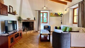 Una Smart TV, una chimenea, libros, un reproductor estéreo