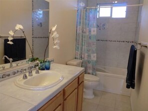Combined shower/tub, hair dryer, towels, soap