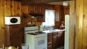 A compact kitchen with wooden cabinets, a microwave, stove, and sink. - Beautiful Year-Round  Home on the South Shore of Hubbard Lake (Spruce)