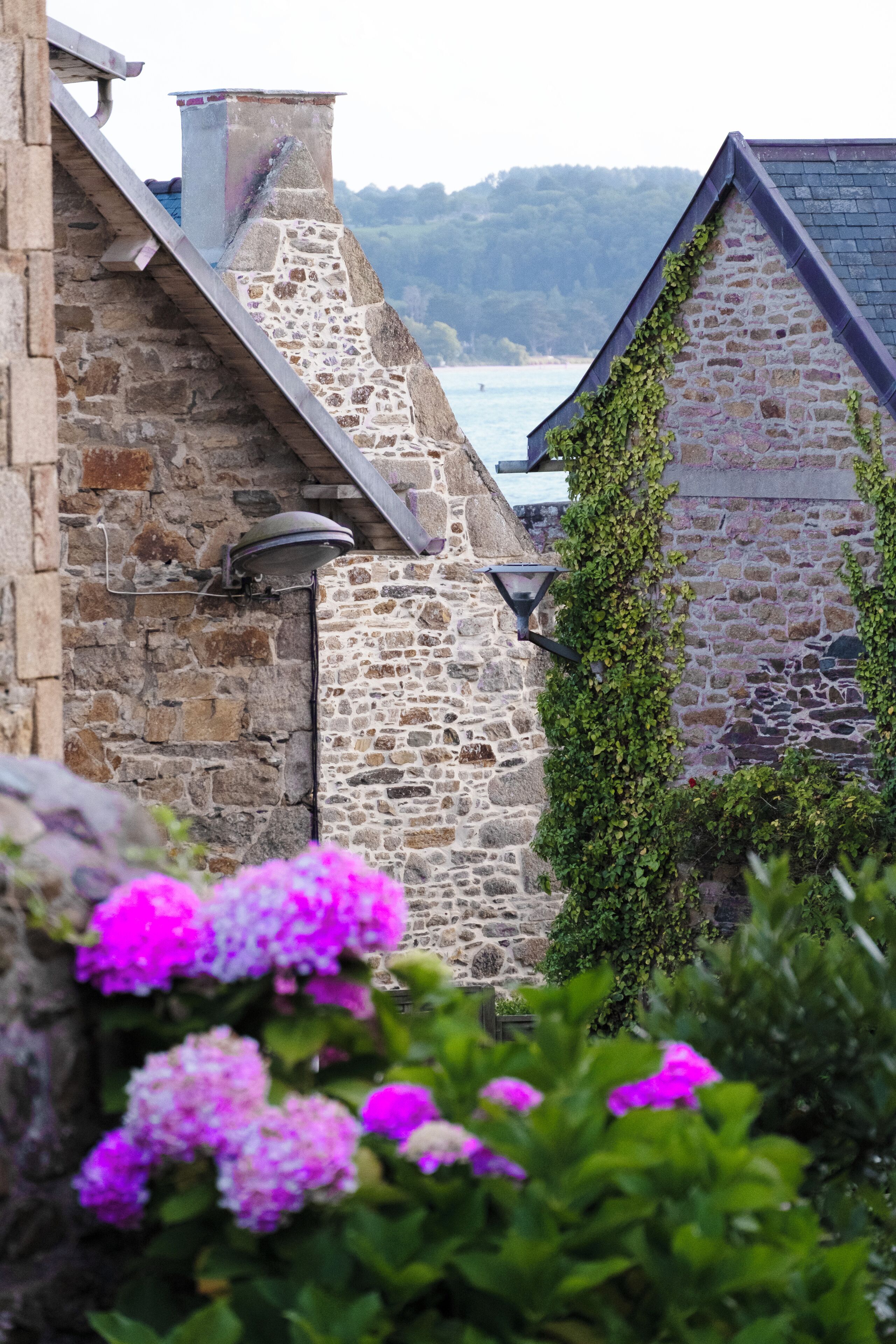 Ein Gebäude aus Stein mit einem steilen Dach und Schornstein, umgeben von Grünpflanzen und violetten Blumen.
